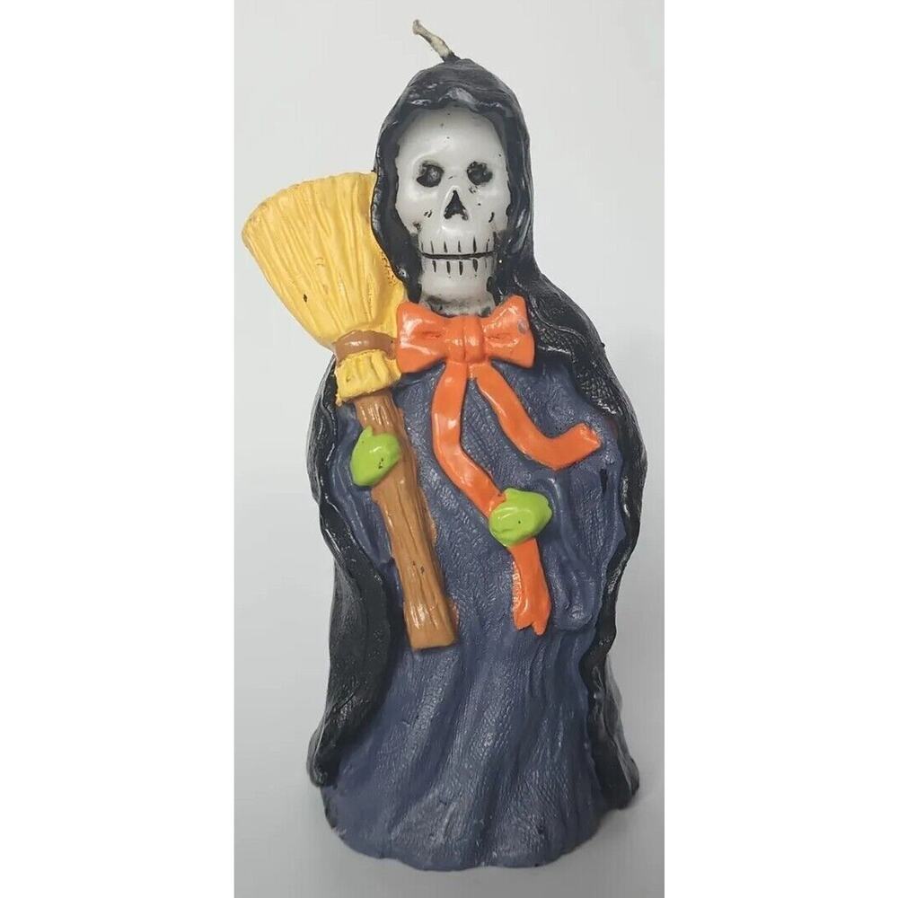 Vtg Halloween Grim Reaper Skeleton Broom Candle 7" Tall Unused H11